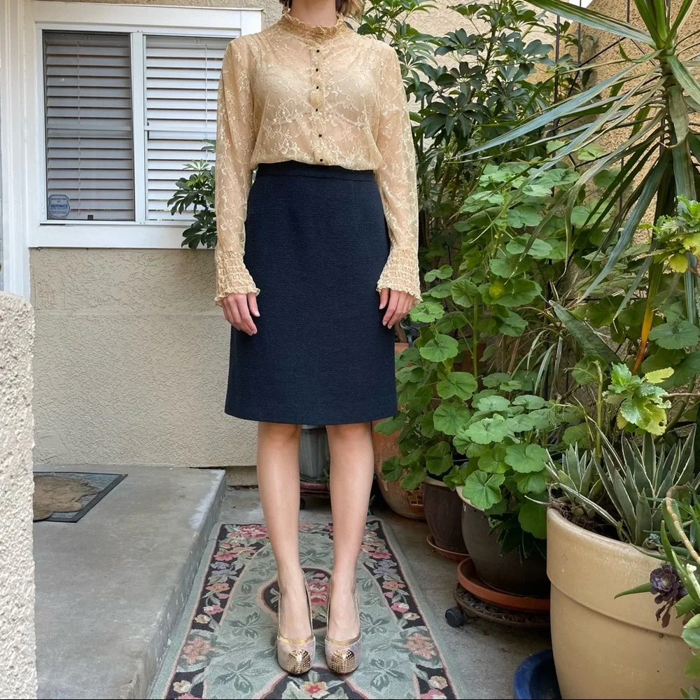 Vintage navy blue Chanel wool pencil skirt with original Chanel hanger